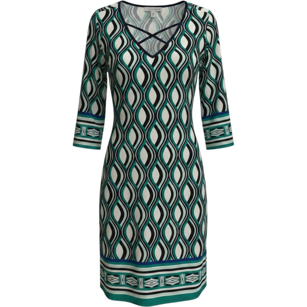 Perception Women Teal Navy Geometric Mod Print Lattice V-Neck Shift Dress 1X